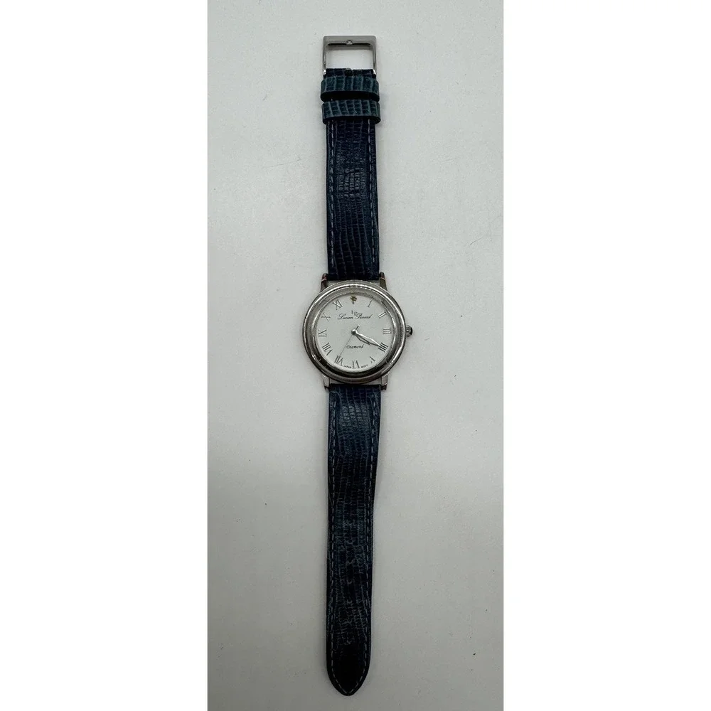 Lucien Piccard Diamond Watch Silver Tone Blue Leather Strap 2803-RD Roman Numera